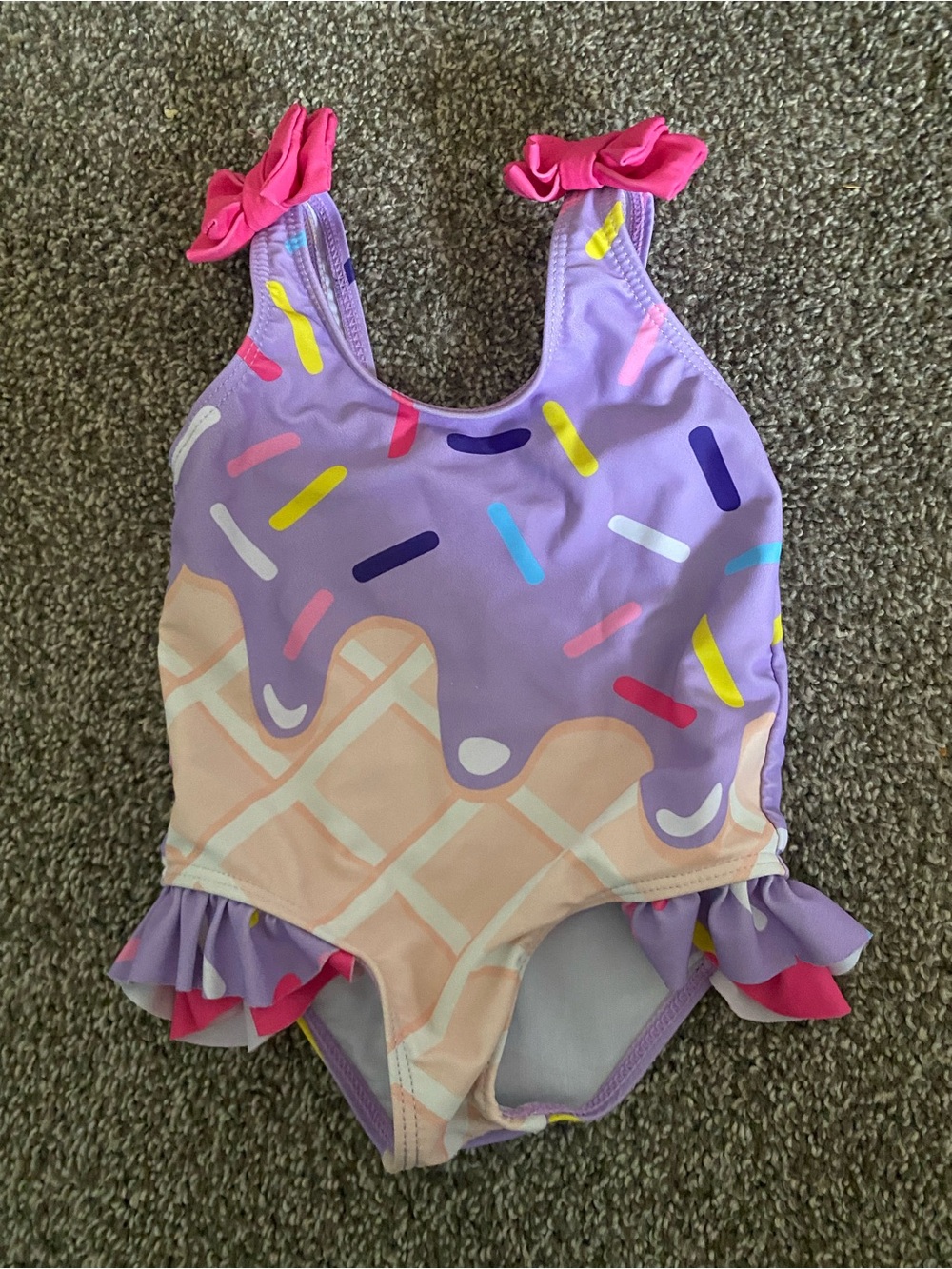 SHEIN Purple Ice Cream Waffle Print One-Piece Swimsuit with Pink Ruffles